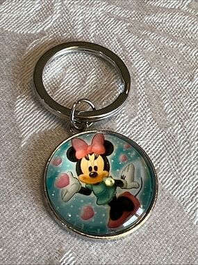 Others Follow Minnie Mouse Pink Bow Blue Background Keychain